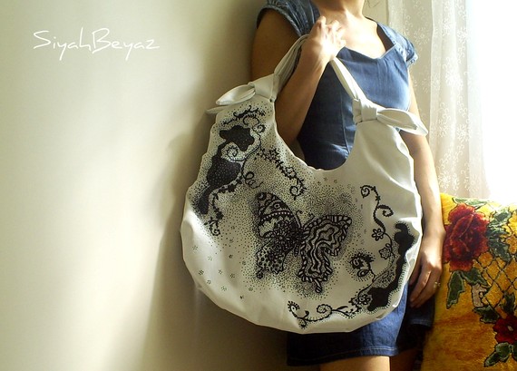 BUTTERFLY Handpainted Shoulder Bag Purse SiyahBeyaz AOD