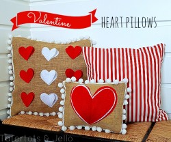 valentine heart and pom pom pillows