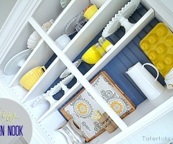 spring navy and yellow open shelves kitchen nook