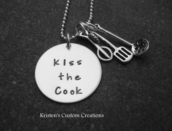 Kiss The Cook hand stamped sterling silver necklace