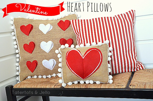 valentine burlap felt and pom pom pillows