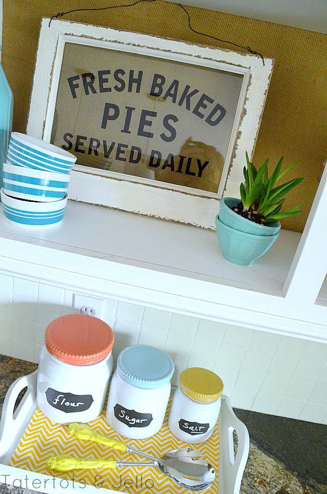 open summer shelves in the kitchen at tatertots and jello