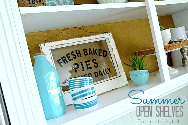 summer kitchen open shelves at Tatertots and Jello