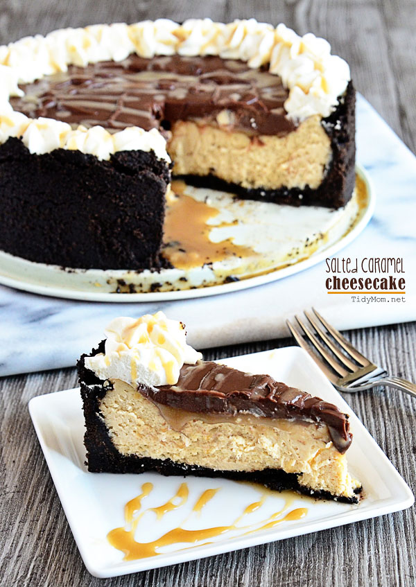 Salted Caramel Cheesecake with Chocolate Ganache at TidyMom.net