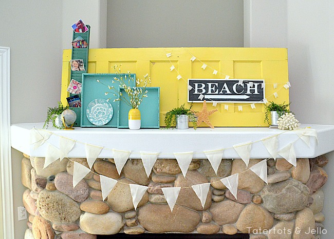 beachy mantel and muslin buntings at tatertots and jello