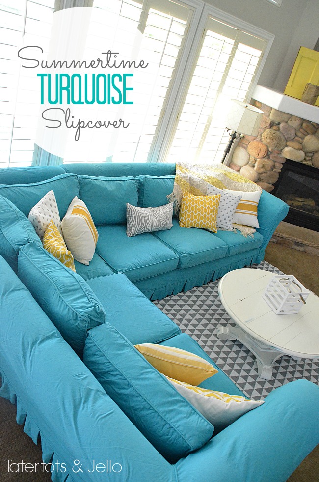 turquoise slipcover at Tatertots & Jello