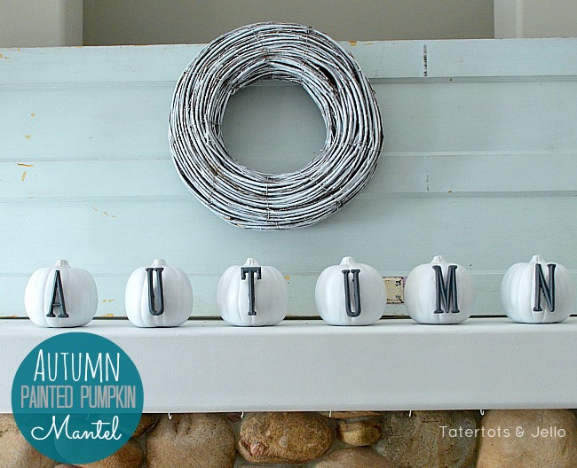 Colorful Fall mantel with Painted Pumpkins