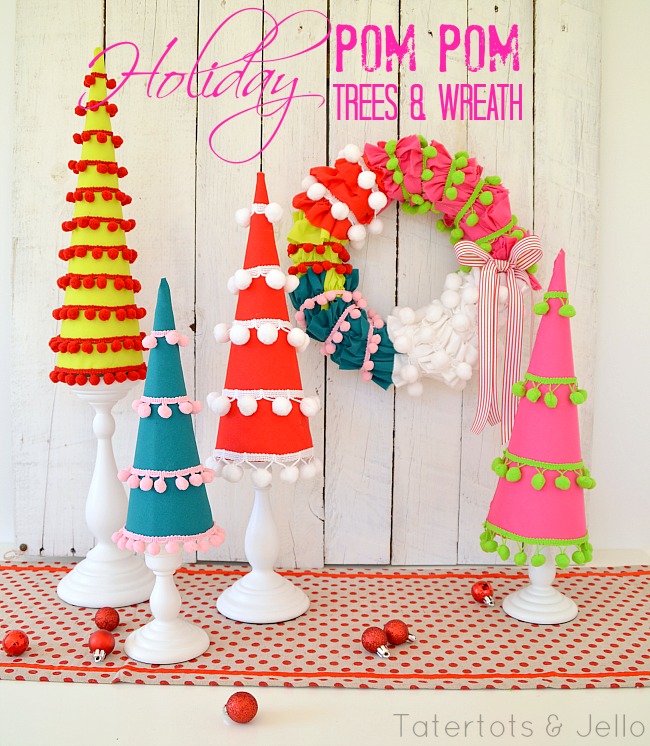 holiday pom pom trees and wreath at tatertots and jello