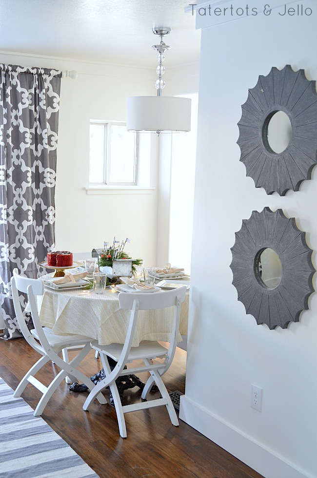 gold and white holiday tablescape at tatertots and jello