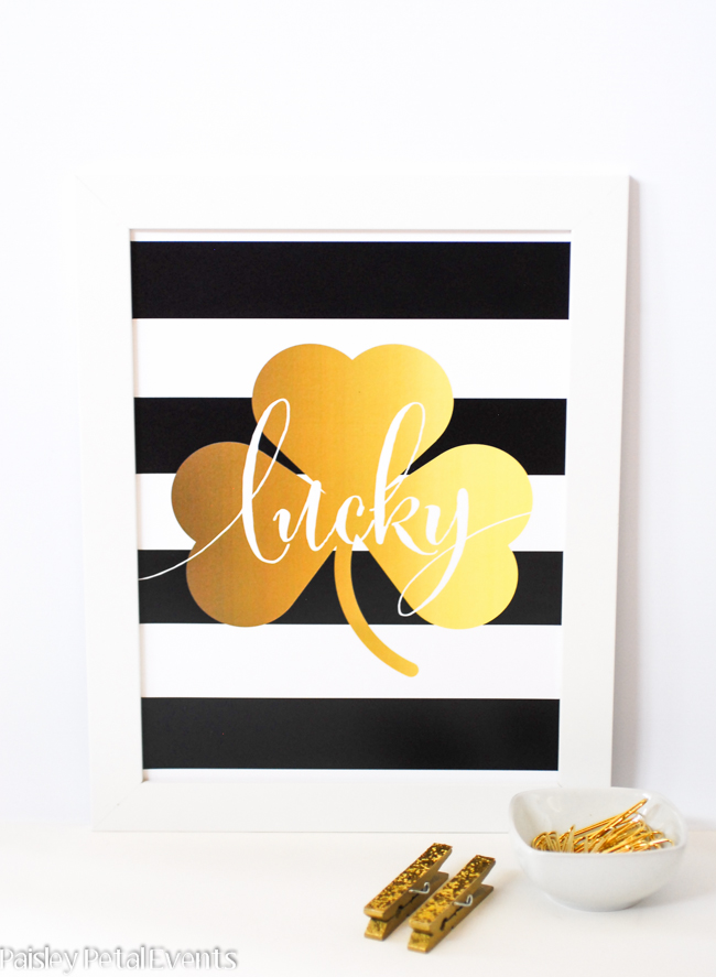 st-patricks-day-art-print-black-and-white-stripes-with-gold-clover