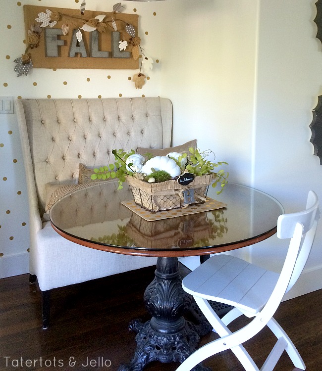 Colorful Summer Farmhouse Kitchen Nook. Turn a corner of your kitchen into a colorful nook with bright summer elements, pillows and a DIY Summer banner! ﻿