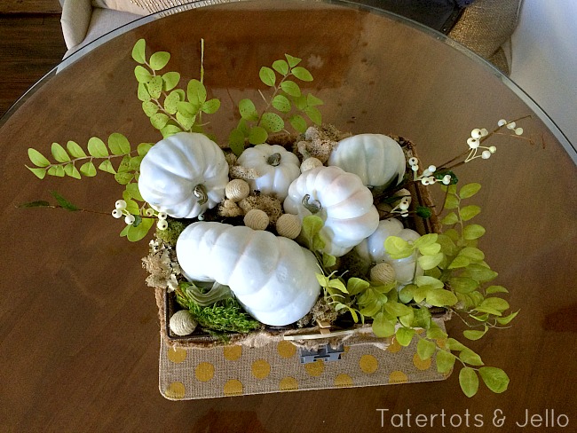 white pumpkin centerpiece basket at tatertots and jello