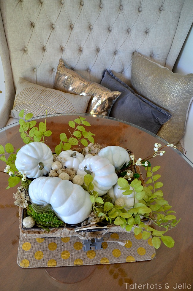 white pumpkin fall centerpiece at tatertots and jello