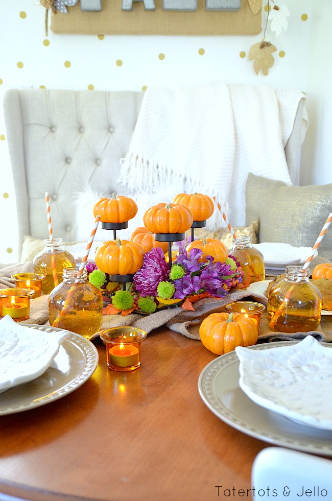 fall pumpkin centerpiece idea at tatertots and jello