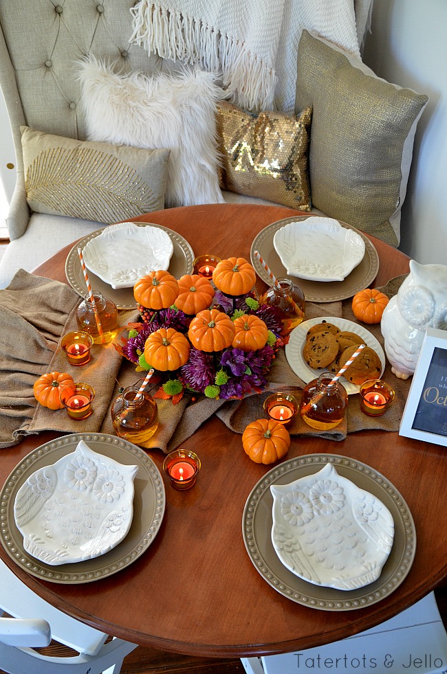 fall tablescape and pumpkin centerpiece at tatertots and jello