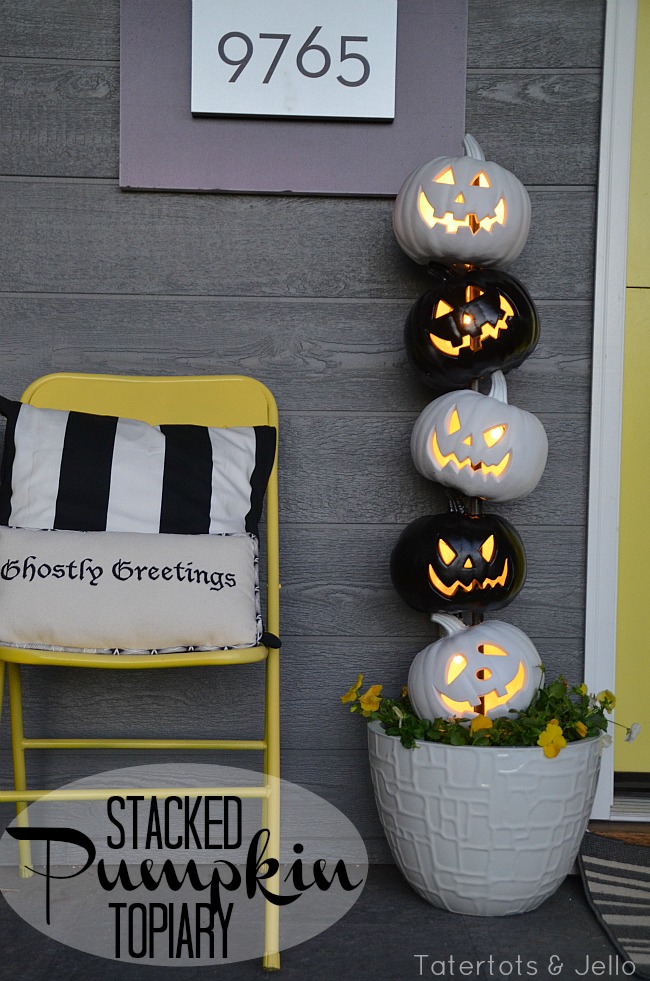 Spray paint foam jack-o-lanterns and stack them to create a Halloween Topiary. Add lights and you have a super cute and festive way to welcome guests to your home! 