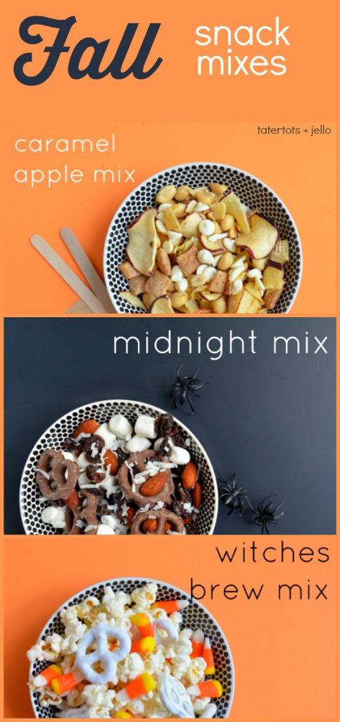 Three Fall and Halloween Snack Mixes to make! These snack mixes will be loved by kids and adults alike! The perfect snack.  