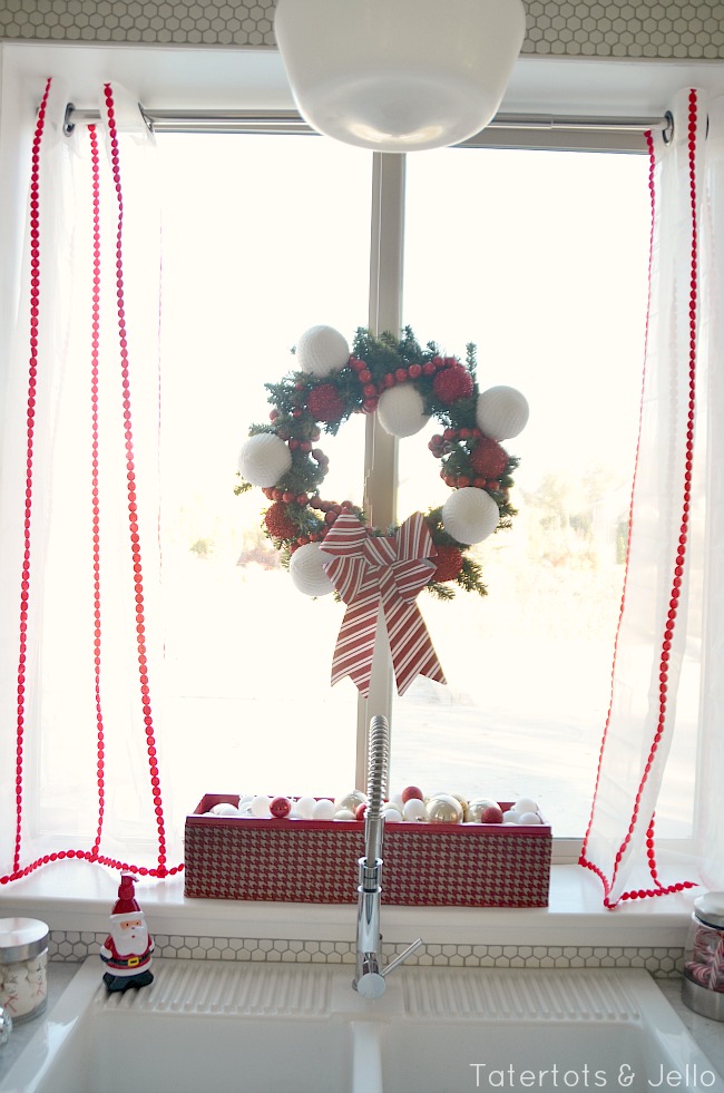 adding ribbon to sheer panels for christmas window