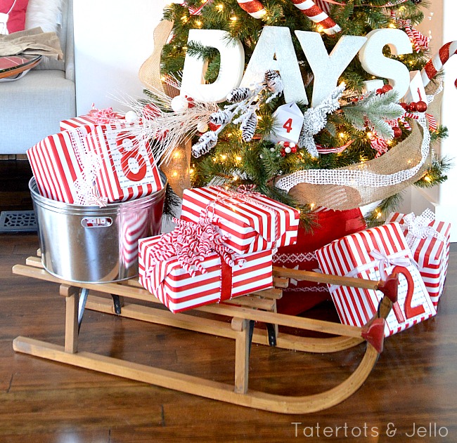 advent tree and presents on sled