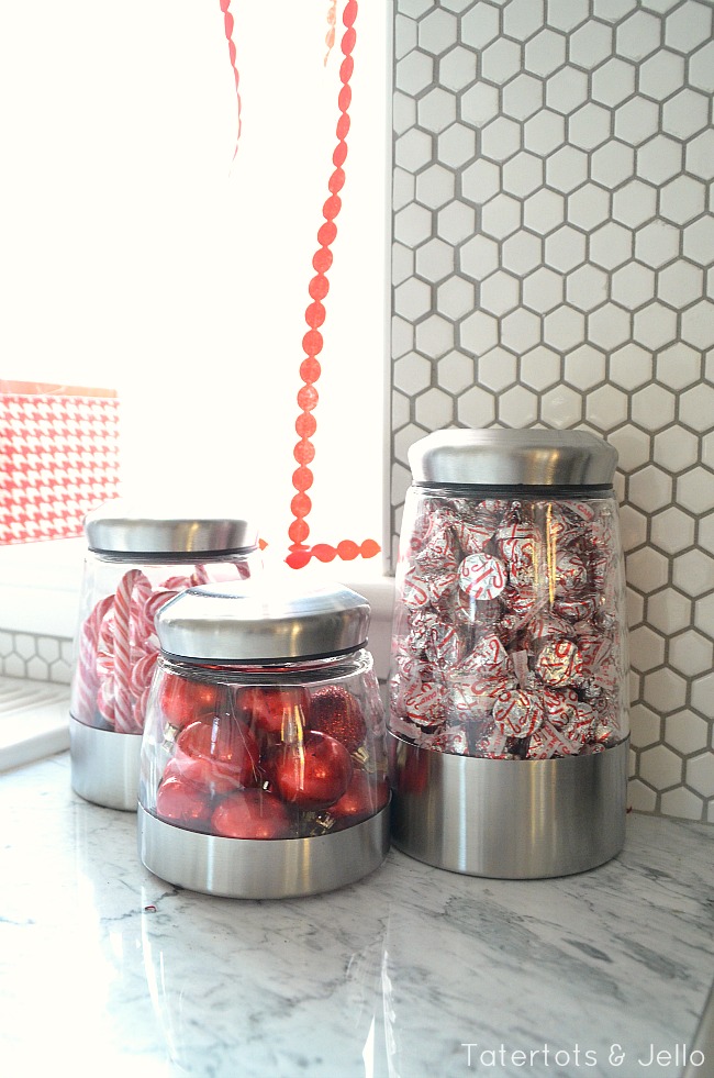 red and white snack station at tatertots and jello