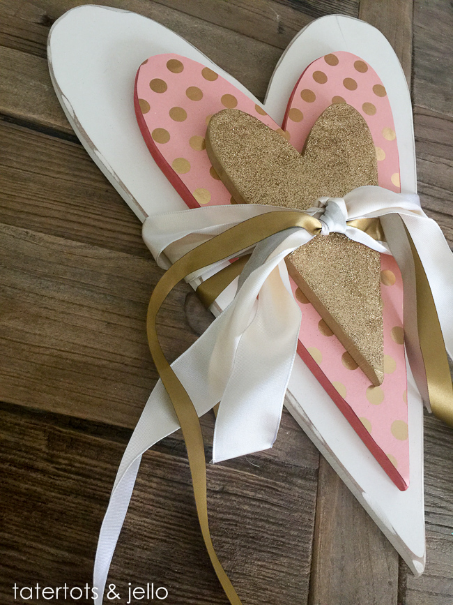 Layered wood heart with scrapbook paper and glitter. DIY tutorial 