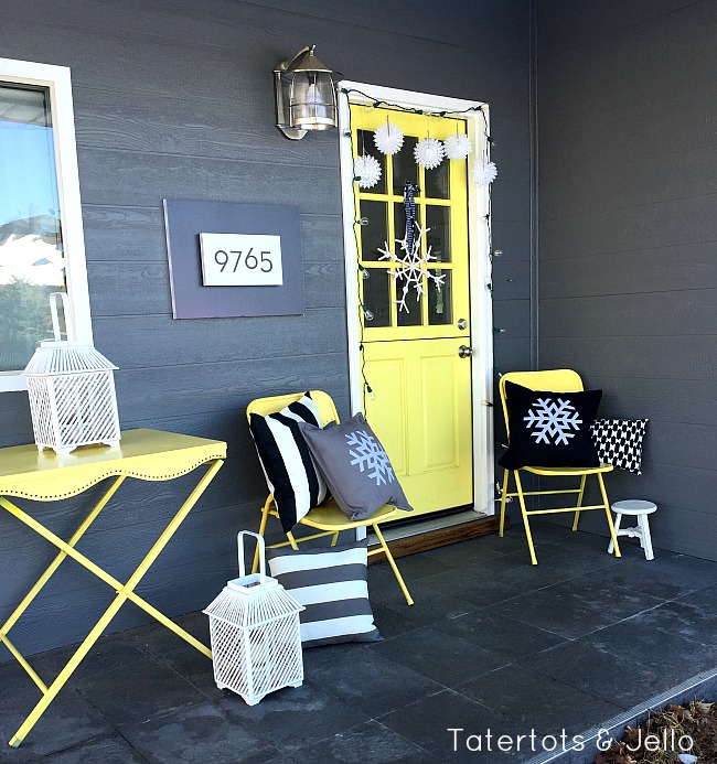 black and white snowflake porch 