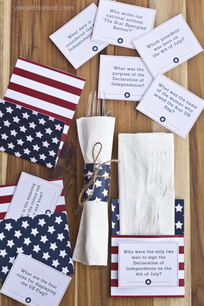 4th of July printables - Trivia cards and Utensil holders