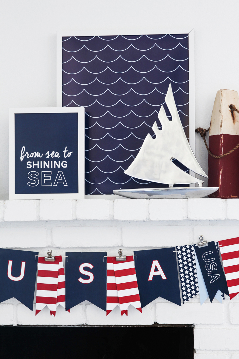 Patriotic Mantel with Free red white and blue printable banner and prints.