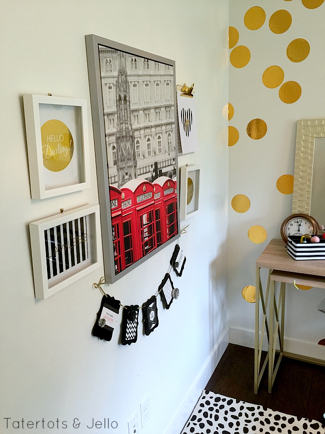 teenage black and gold bedroom and gallery wall