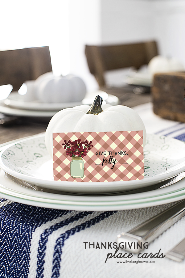 Printable Give Thanks Place Cards.  Unconventional Thanksgiving Place Cards that will be a wonderful additionl to your Thanksgiving tablescape.  www.livelaughrowe.com