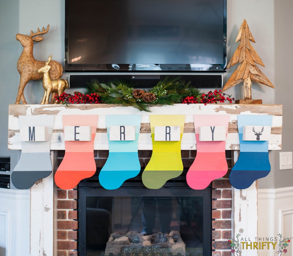 Christmas-Mantle-with-Colorful-DIY-Stockings