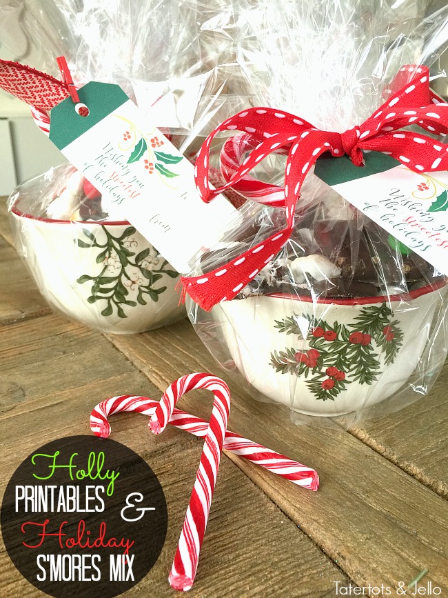  printable holly gift tags and holiday smores mix 