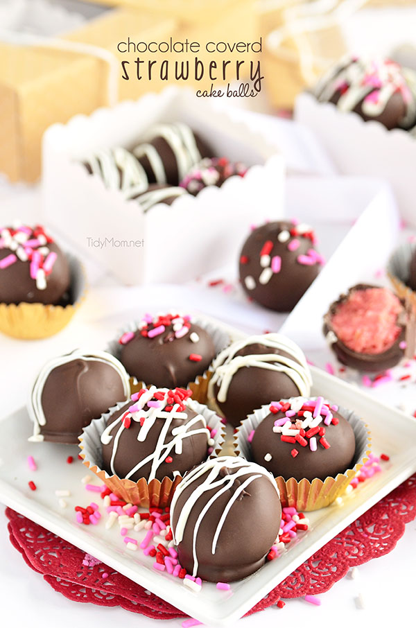 Chocolate Covered Strawberry Cake Balls #recipe at TidyMom.net #ValentinesDay