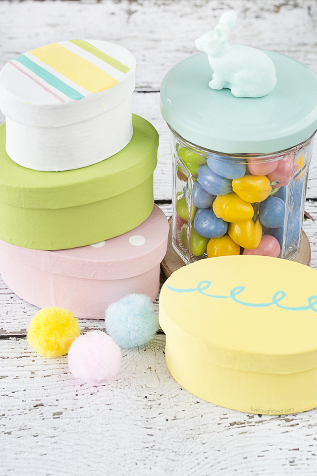 These Easter Treat Boxes are colorful and perfect for gifting bandy or a toy!  From a simple oval paper mache box to a festive treat box. They would make a great addition to an Easter basket too.  Tutorial at livelaughrowe.com