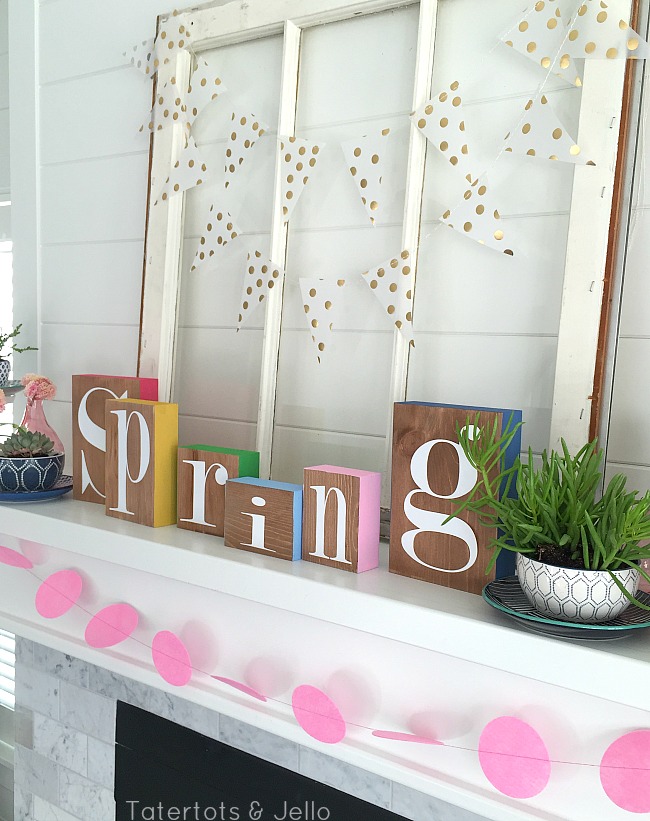 Spring Colorful Blocks and succulents mantel