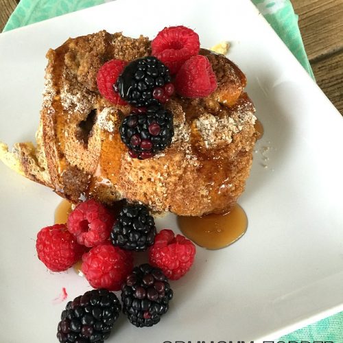 Cinnamon Swirl French Toast Casserole with a crunchy topping