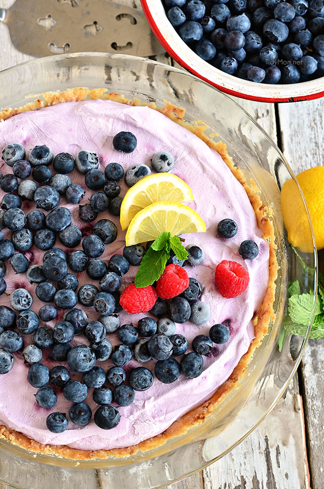 Blueberry Yogurt Pie is the perfect dessert for summer, or any time of year!  This pie starts off with a simple shortbread crust filled with lemon zest filled with greek yogurt and blueberries and topped off with more blueberries and lemon blueberry fruit spread.  Serve Blueberry Yogurt Pie frozen or cold, either way it wont last long! recipe at TidyMom.net