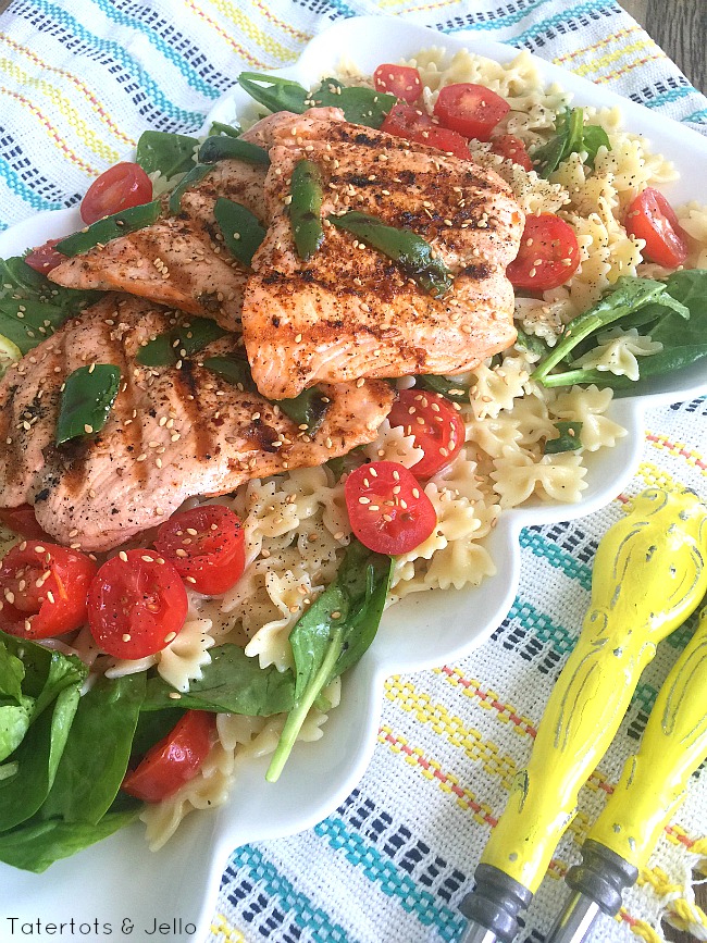 bowtie veggie pasta salad with grilled salmon 