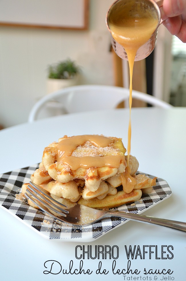 churro waffles with dulche de leche topping