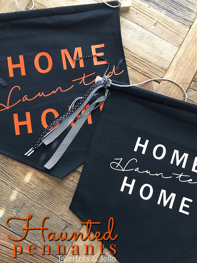 Home Haunted Home DIY Halloween Pennant. Instead of a traditional wreath, make a DIY pennant. Use heat transfer material to spell out ANY welcome or saying on your pennant! 