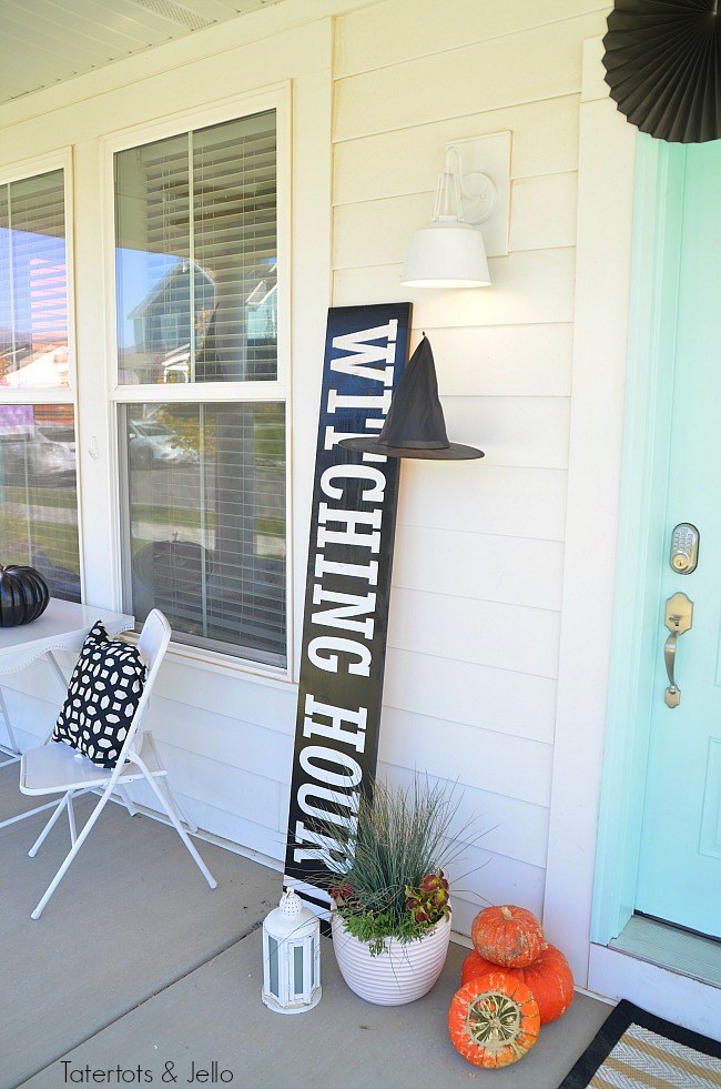 witching hour giant porch sign tutorial. Create a witch theme for your halloween home decor this year with a DIY sign, hanging hats and other spooky ideas! 