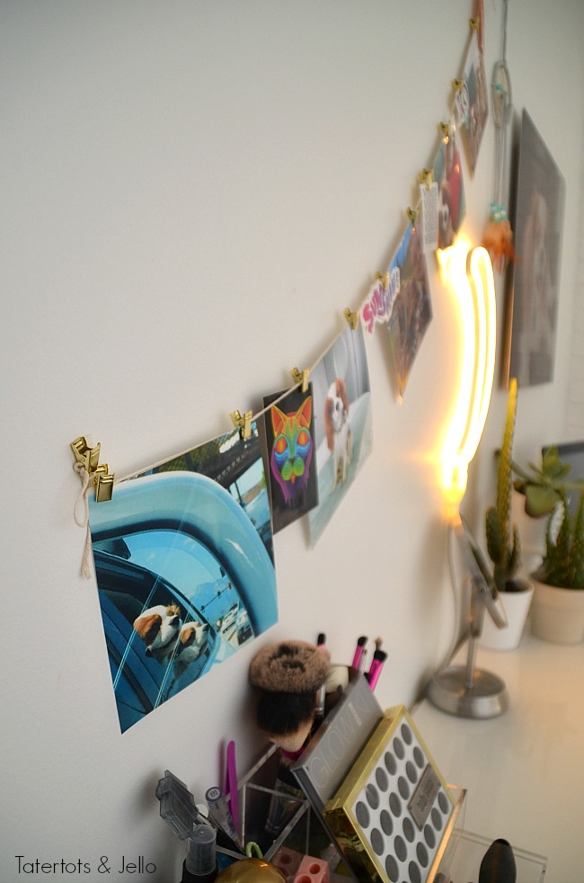 Teen Room Photo Display Ideas. Metal Printed photos are a fun way to blow up a memory or photo of a loved one in a teen room. Also create an easy hanging photo display that can be changed throughout the year!
