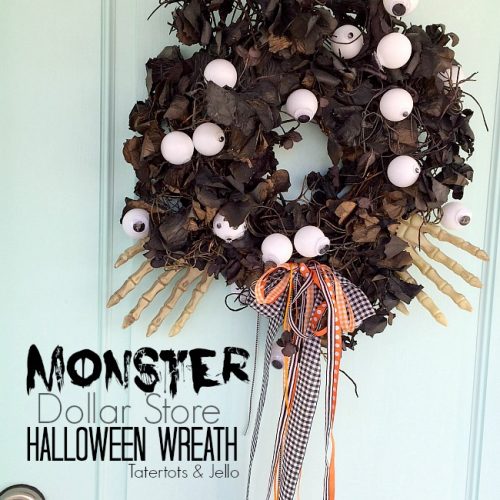 Make a Monster Dollar Store Wreath. All you need are three Dollar Store items and a wreath and you have a spooky wreath to celebrate Halloween!