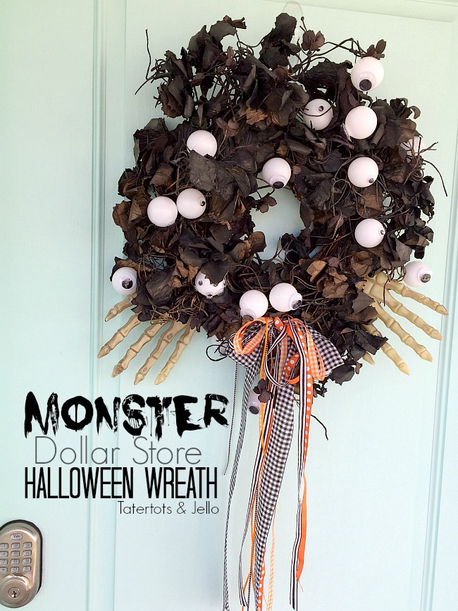 Make a Monster Dollar Store Wreath. All you need are three Dollar Store items and a wreath and you have a spooky wreath to celebrate Halloween!