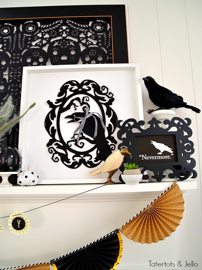 Halloween The Raven Nevermore printable and decor. Create a plate wall or display and print out this Nevermore printable for a spooky vignette! 