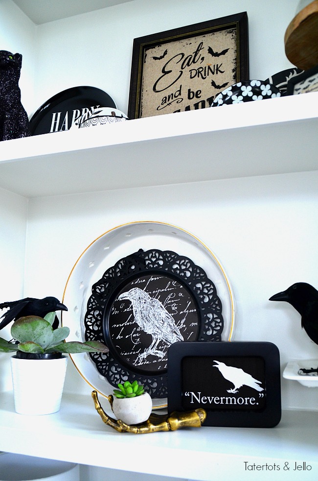 Halloween The Raven Nevermore printable and decor. Create a plate wall or display and print out this Nevermore printable for a spooky vignette! 