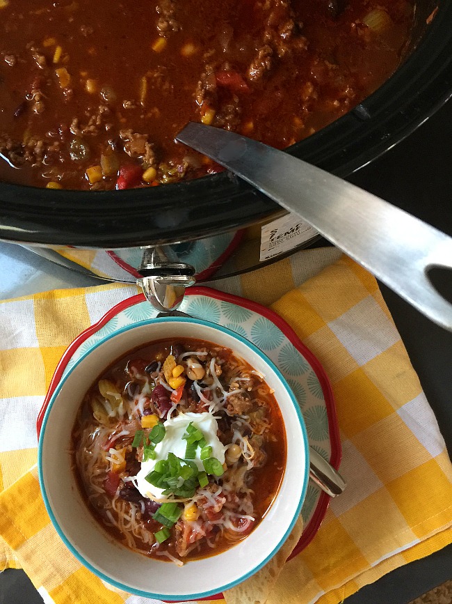 Pumpkin and Sausage Slow Cooker Chili. Easy chili recipe with a spicy flavor and creamy texture of pumpkin.