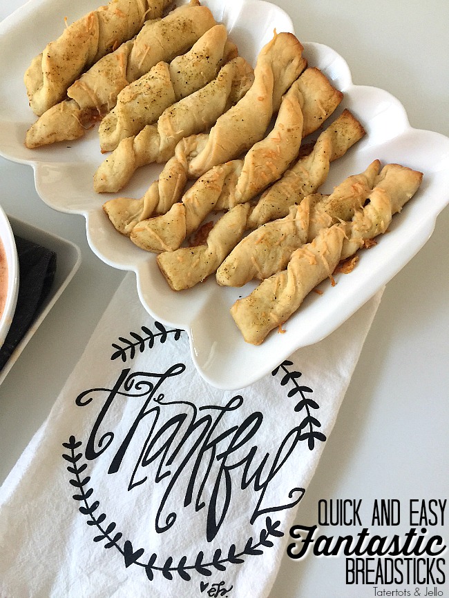 Quick and Easy Fantastic Breadsticks!! These are seriously the easiest breadsticks to make. They take about half an hour to make, so they are perfect to pop in the oven as I make dinner. They cook while I make the main dish. And they smell and taste FANTASTIC. 