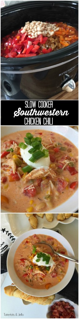 Slow Cooker Southwestern White Chili Chicken Recipe. I don't know what I would do without my slow cooker in the fall and winter. It's so easy to pop the ingredients in the slow cooker and come back at dinner with the house smelling wonderful and dinner ready!! 