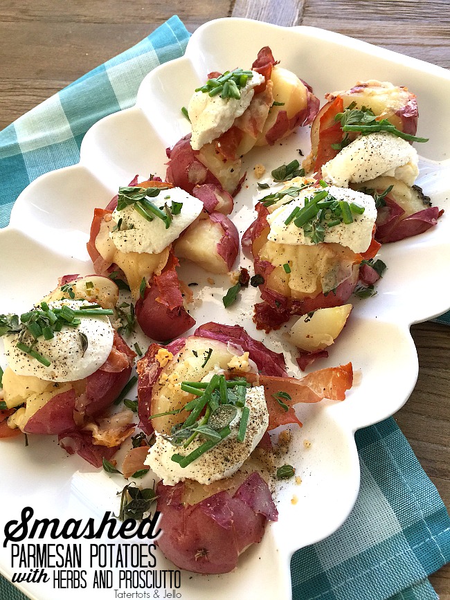 Smashed Parmesan Potatoes with Herbs, Prosciutto and Ricotta. A twist on the popular smashed potatoes, the salty addition of prosciutto and creamy ricotta cheese add delicious dimension to this beautiful side dish!